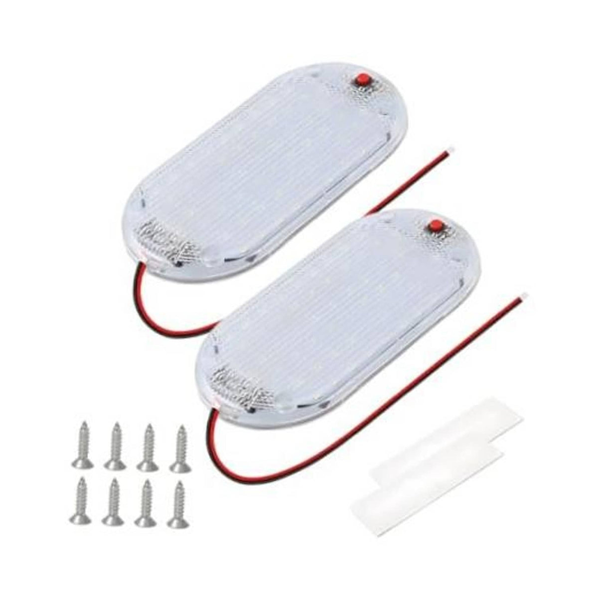 Oval RV interior LED dome light set with clear lens, red-black wires, and mounting screws