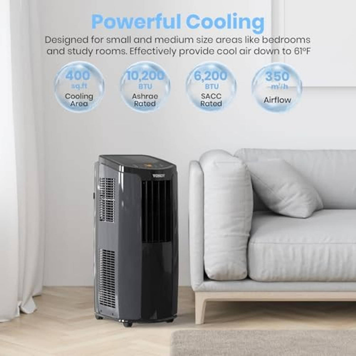 Portable air conditioner unit standing on the floor with front grille facing forward