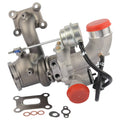 Turbocharger assembly with metal housing, red caps, hoses, and included gaskets