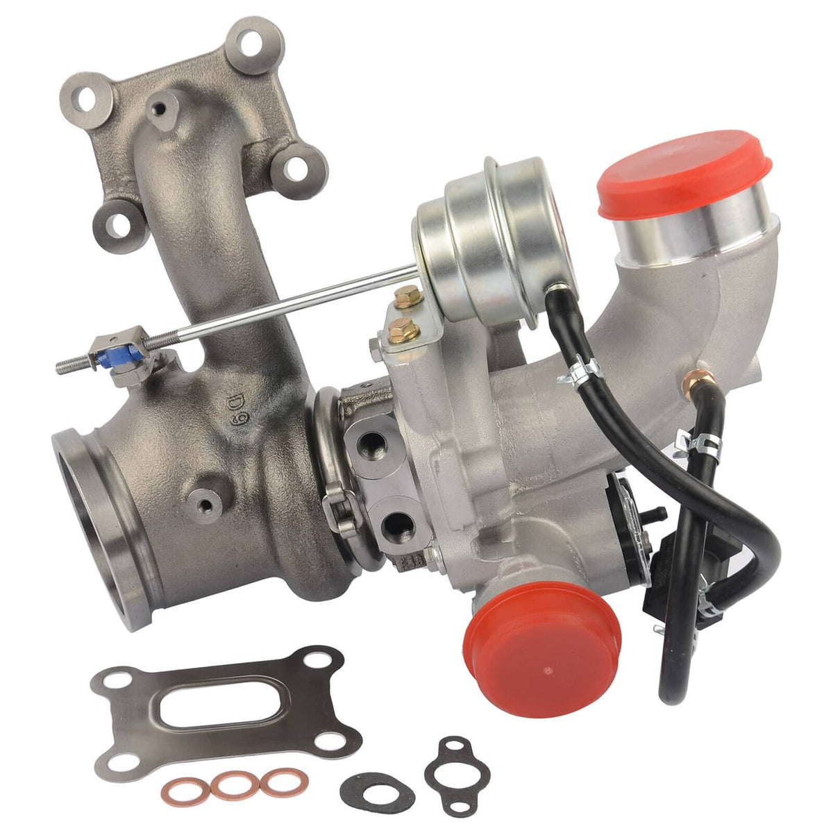 Turbocharger assembly with metal housing, red caps, hoses, and included gaskets