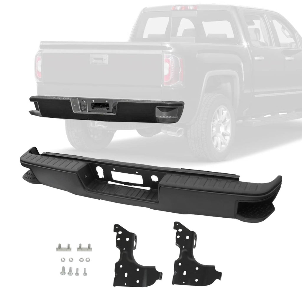 Black rear step bumper replacement, sensor-hole-less design, with hardware and brackets