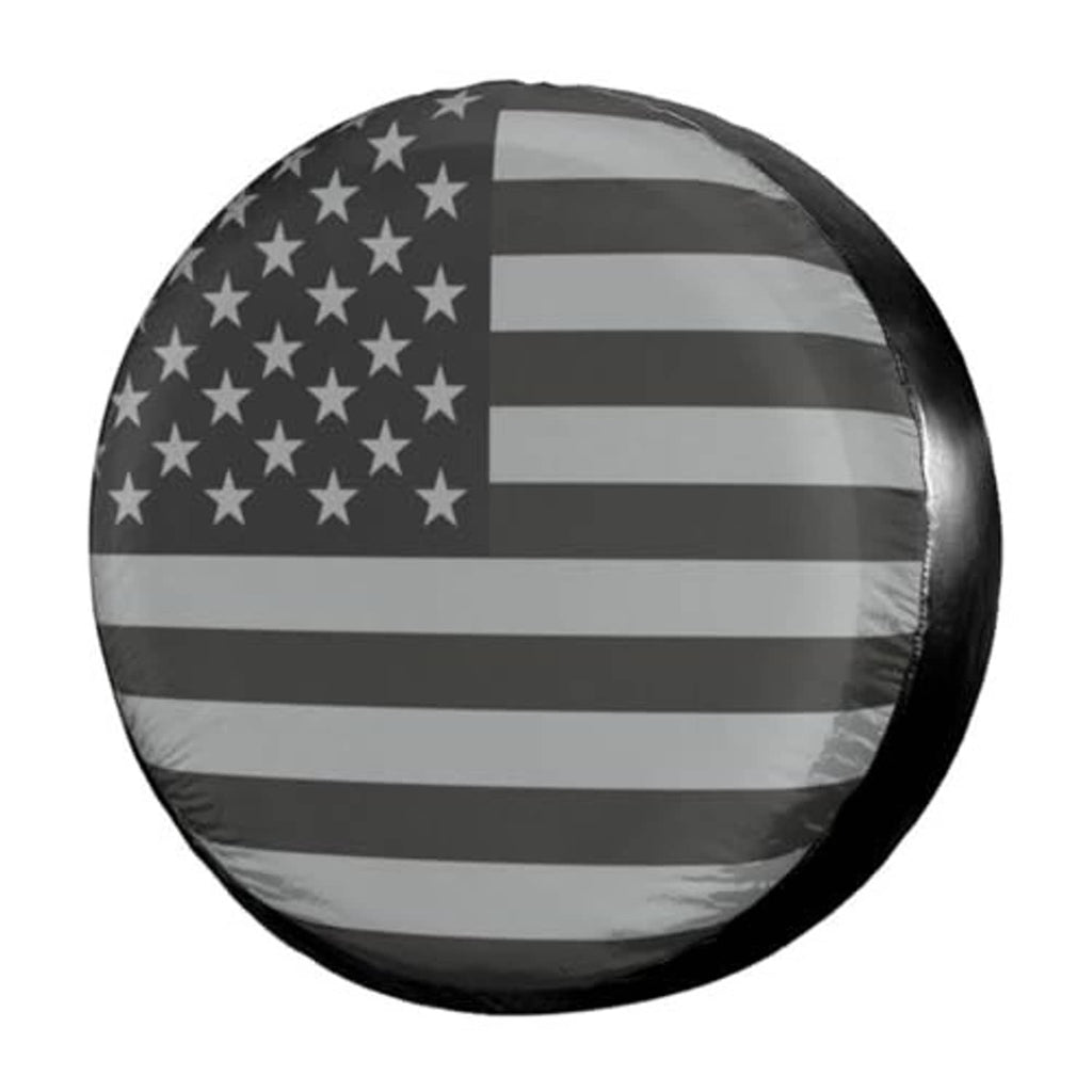 American flag spare tire cover with black edge trim, round dust cover