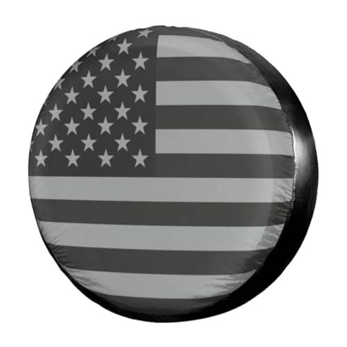 American flag spare tire cover with black edge trim, round dust cover