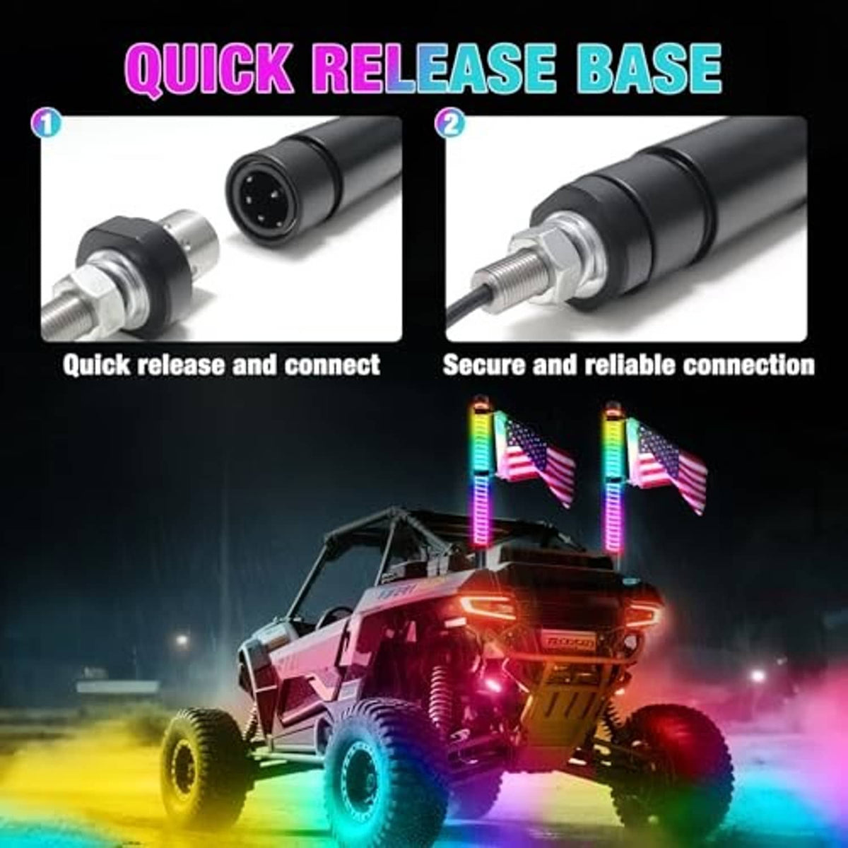 Quick-release mounting bases and connectors for COB LED whip lights