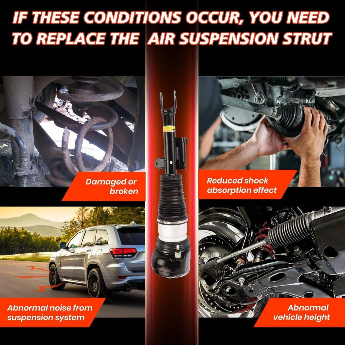 Air suspension shock strut absorber with black and silver damper and rubber air bellows