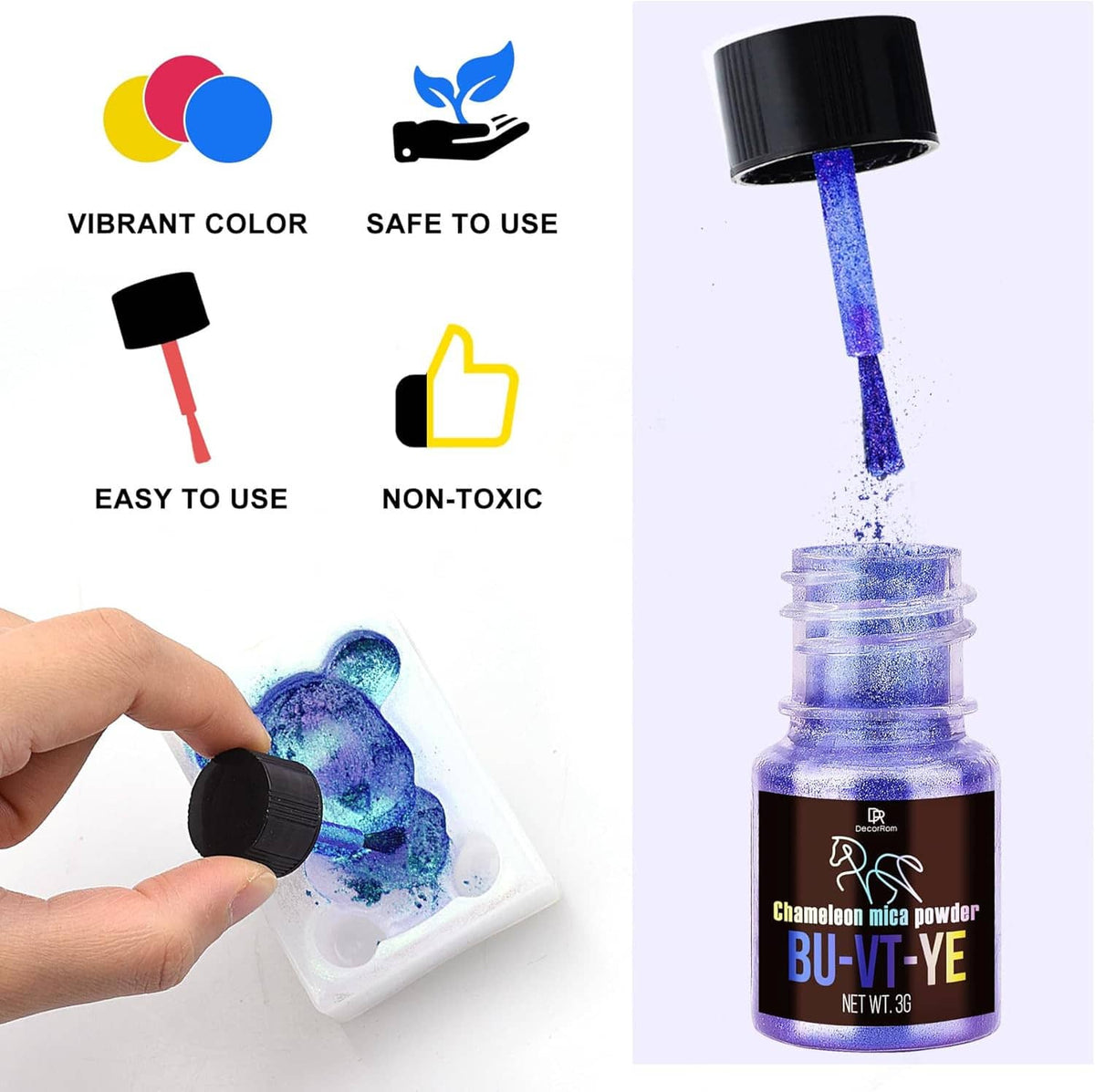 Color-shifting mica pigment bottle pouring blue powder into a clear resin cup