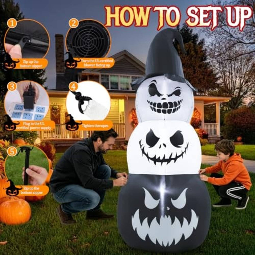 Inflatable Halloween pumpkin stack with witch hat, shown upright outdoors