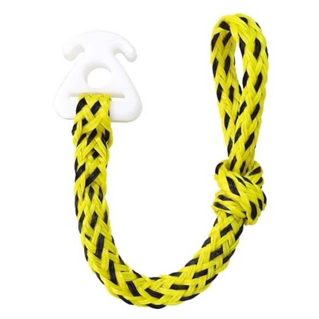 Yellow and black braided boat tow rope with white quick-connect tubing connector