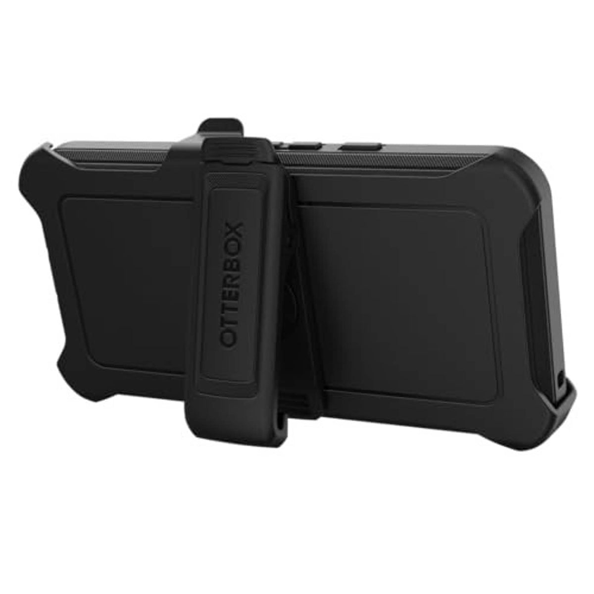 Black Defender phone case back view with OTTERBOX mark and attached holster