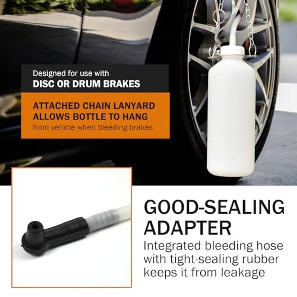 Brake fluid bleeder bottle with attached chain lanyard for hanging on brakes