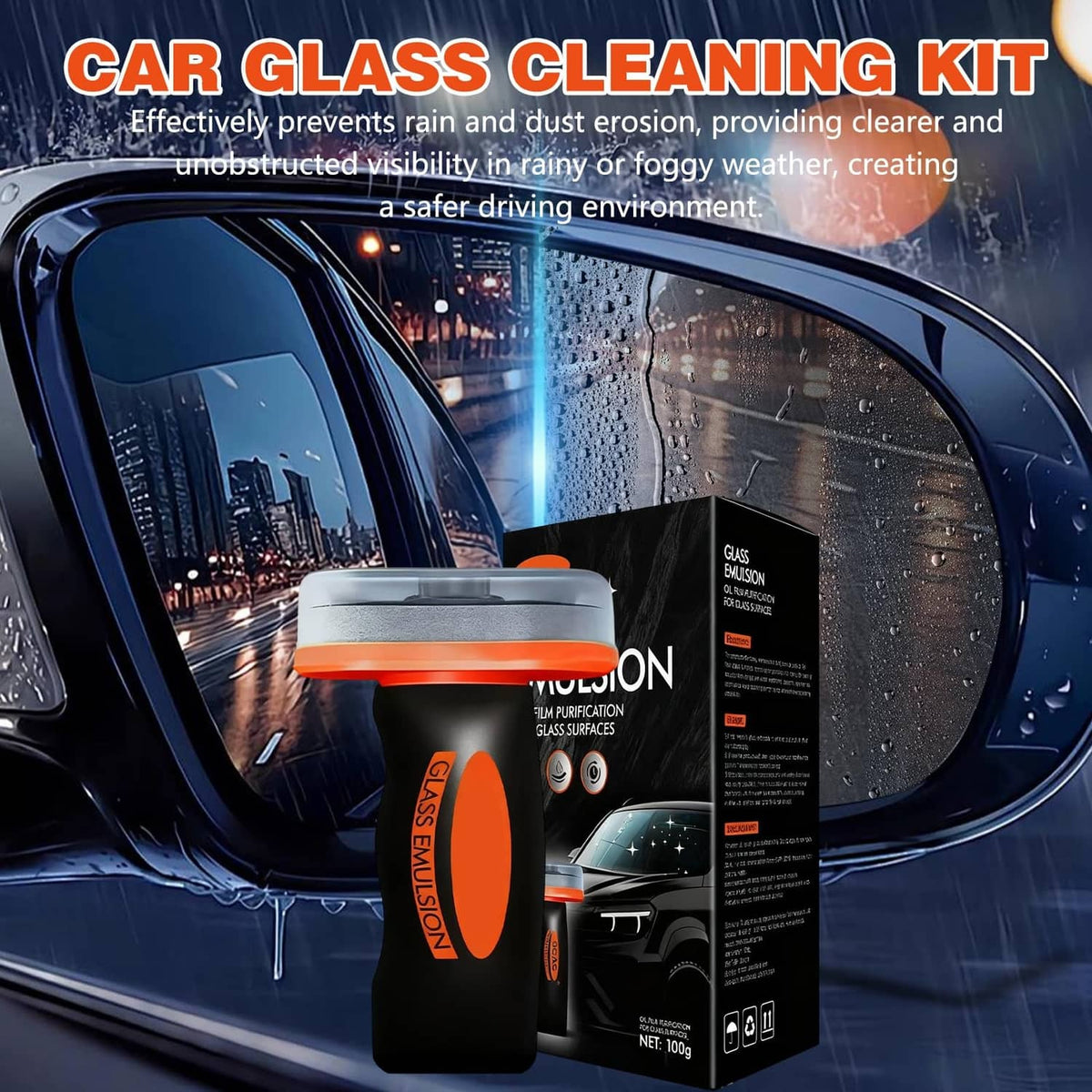 Car glass cleaning kit with orange-and-black bottle and boxed package in front of windows