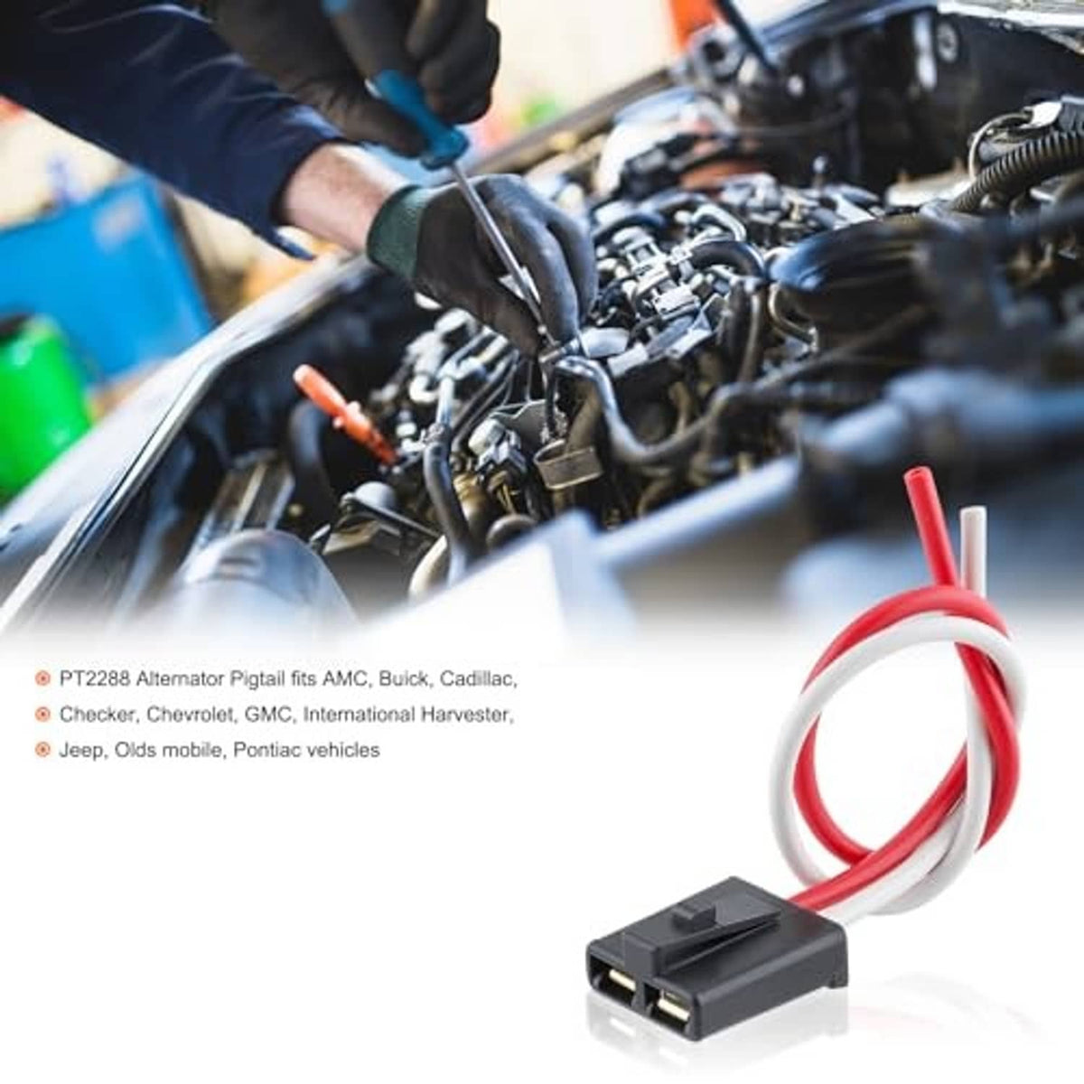Alternator pigtail connector with red/white wires and black plug, installed on vehicle