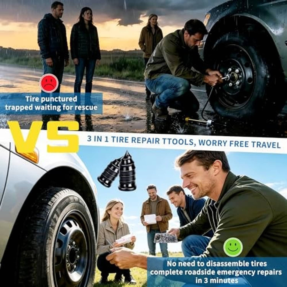 Tire plug repair kit with screw-in rubber nails, valve tools, and insertion rod for travel