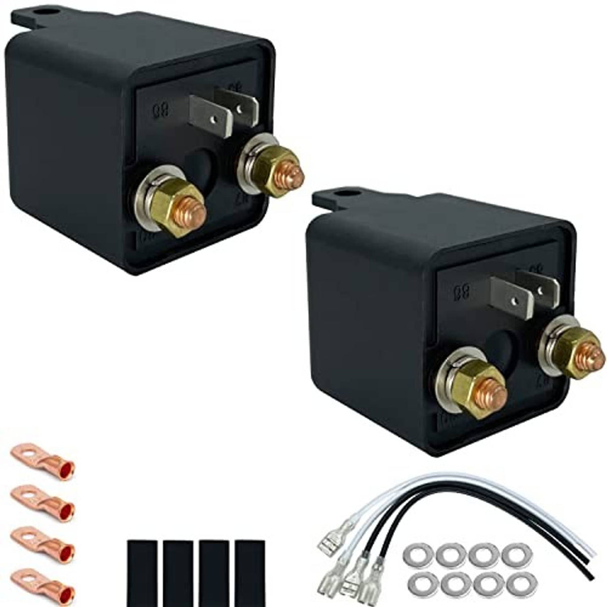 Black 4-pin relay with two copper screw terminals and top mounting tab (front/back)