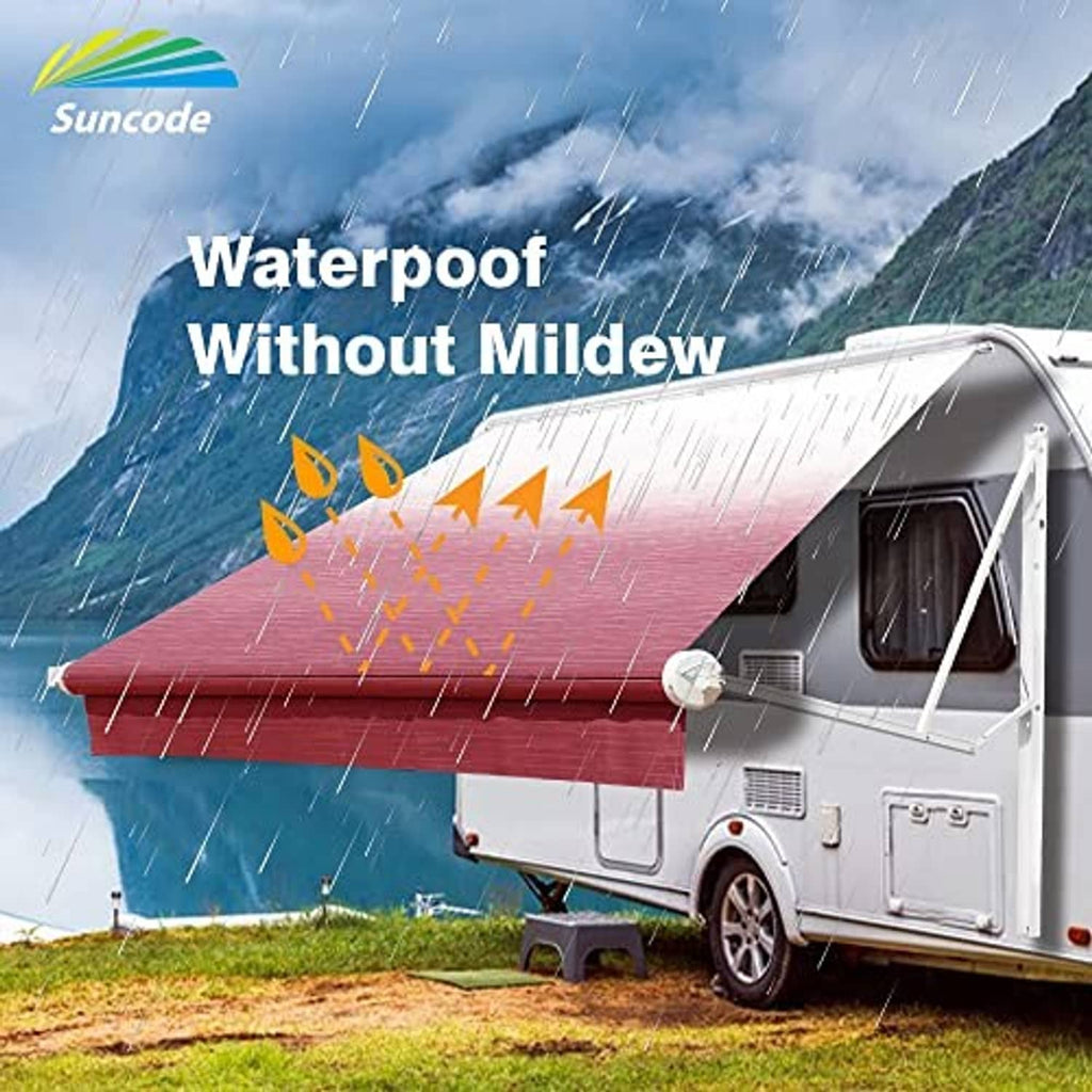 Maroon RV awning canopy with rain-splash graphic overlay on camper