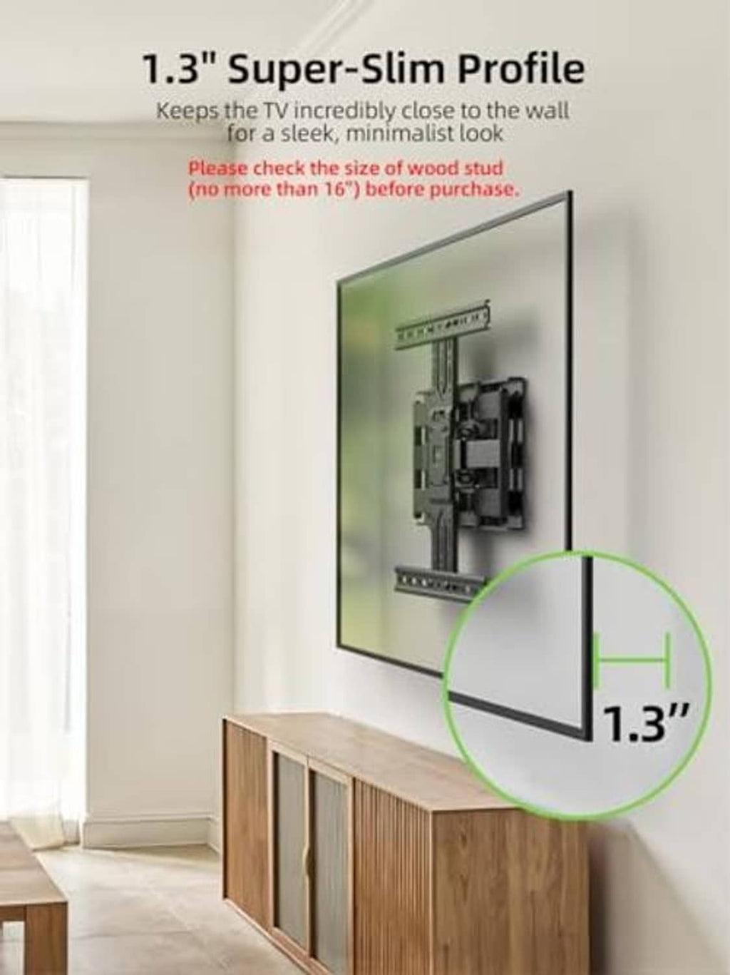 Ultra-slim TV wall mount bracket with low-profile clearance from the wall