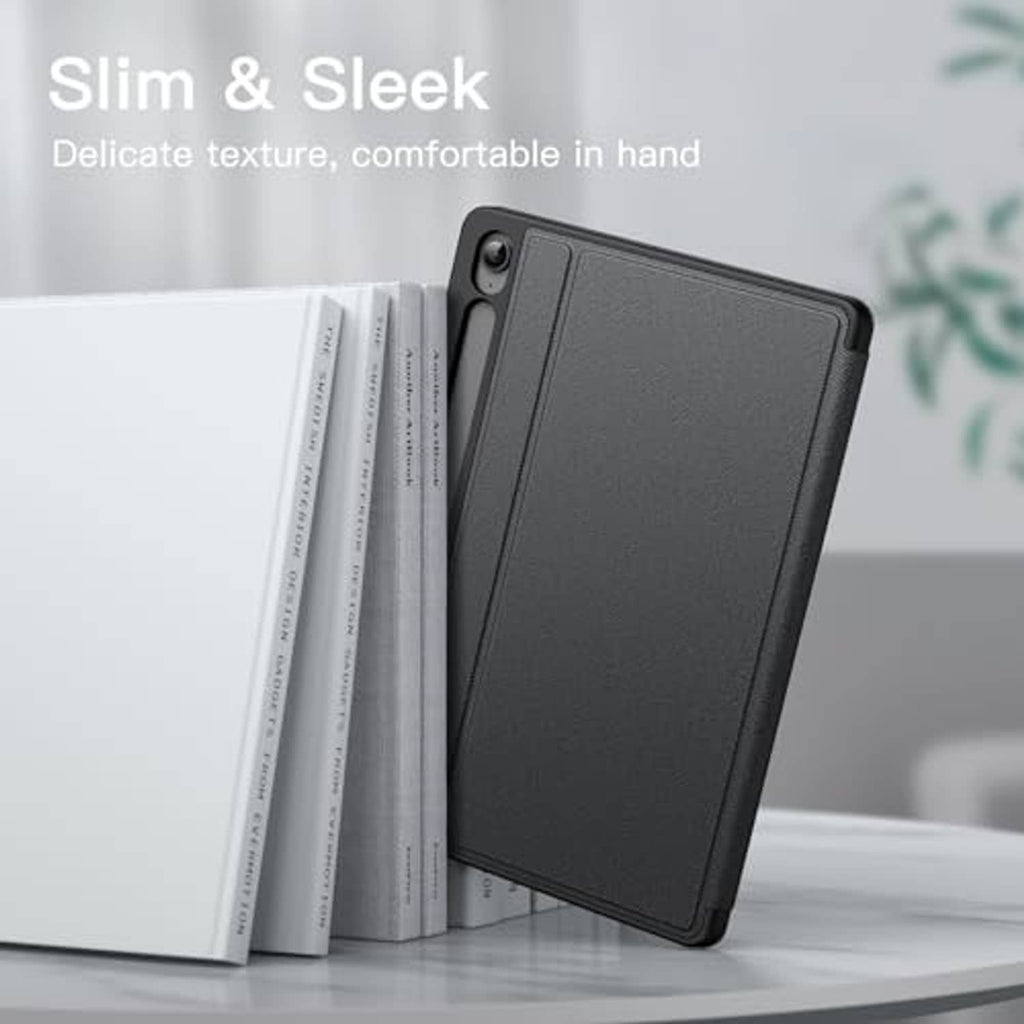 Slim black folio tablet case with textured finish, closed cover for protection