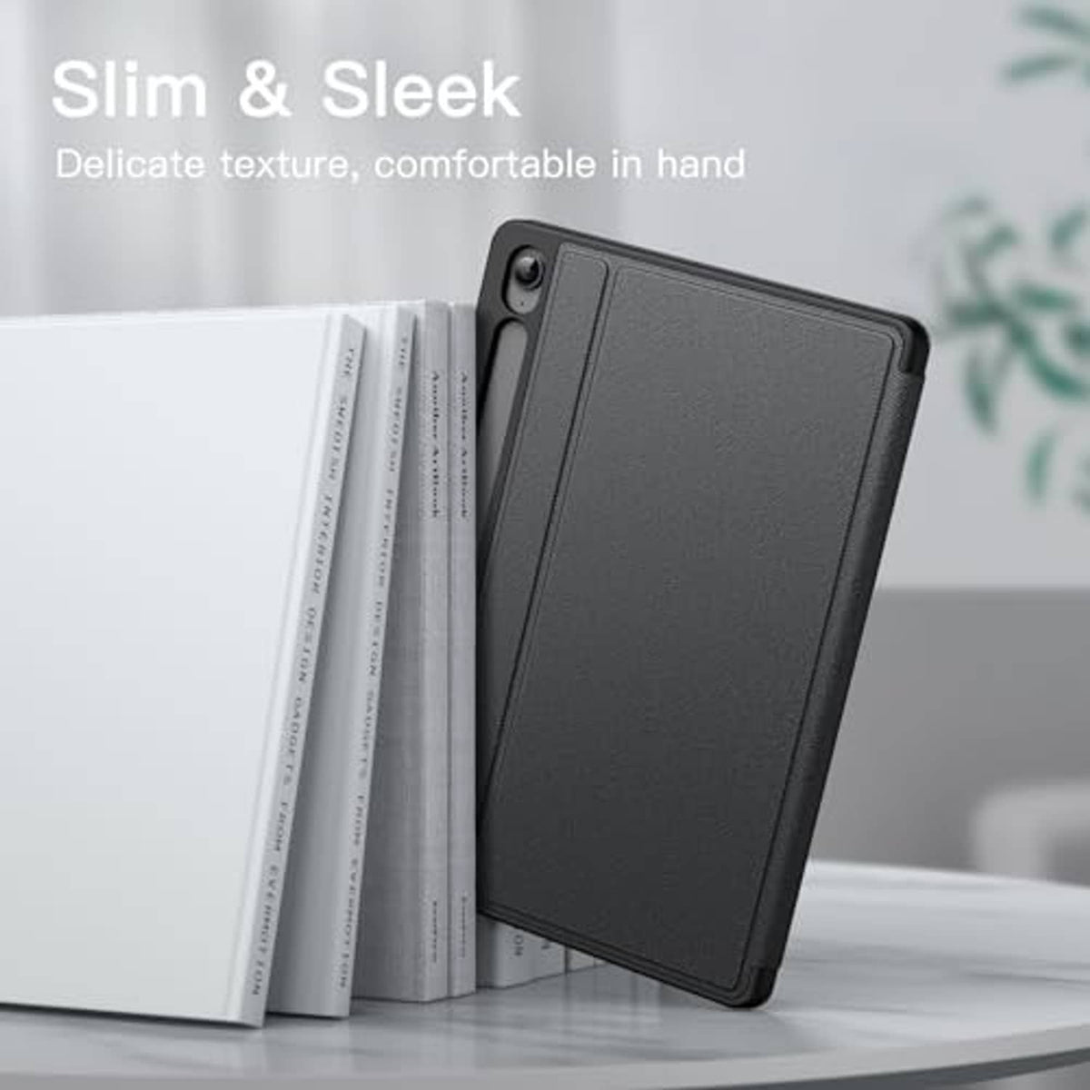 Slim black folio tablet case with textured finish, closed cover for protection