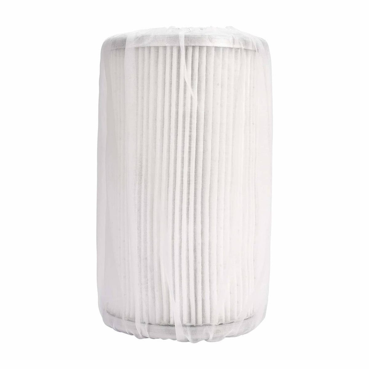 Air filter precleaner sleeve with white pleated filter, vertical end view