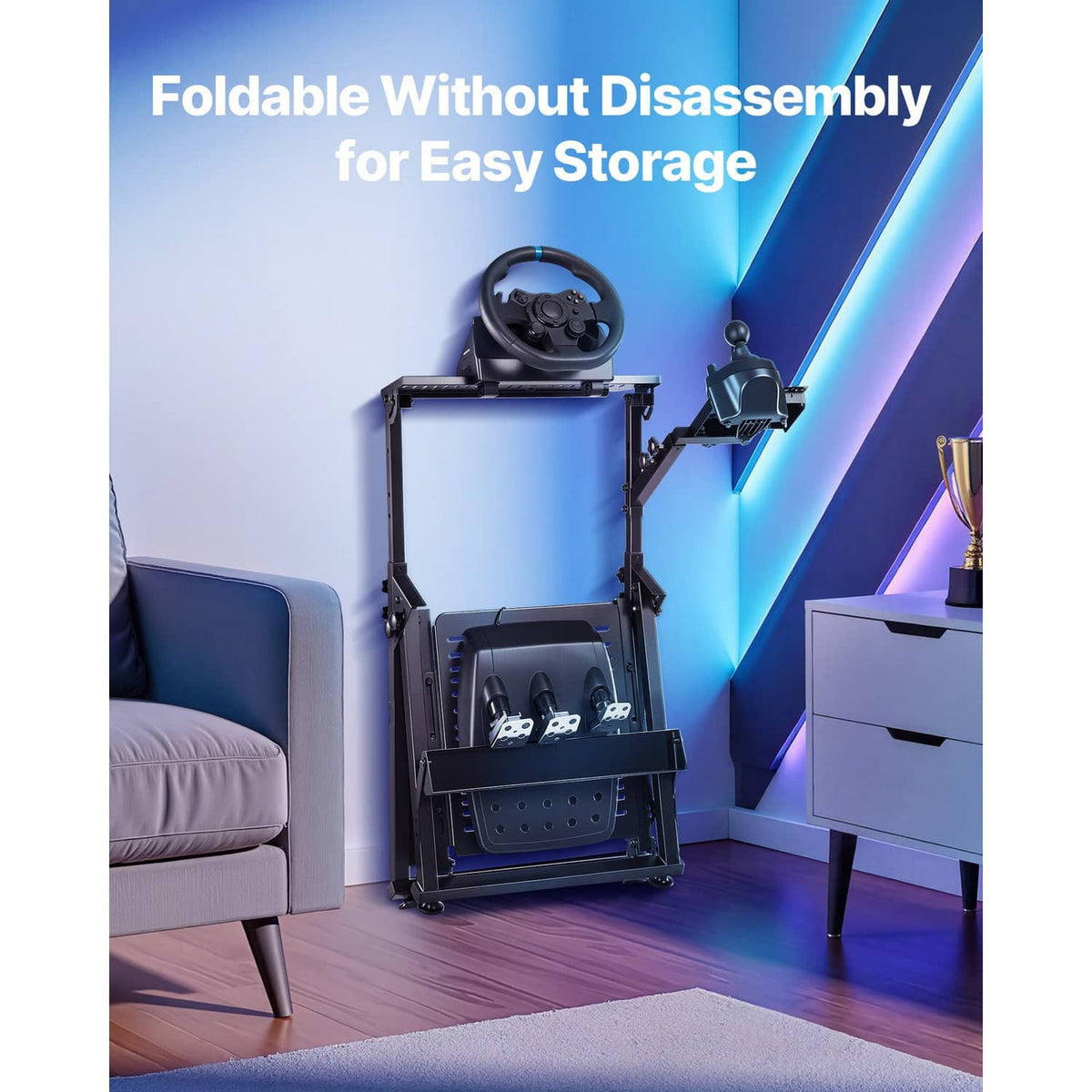 Foldable racing wheel stand shown stored on a compact rack