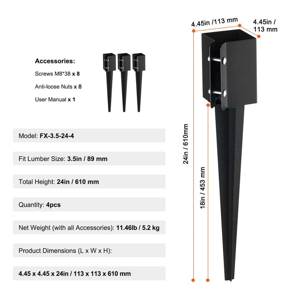 Metal fence post ground spike anchor with black bracket and pointed 24 in stake