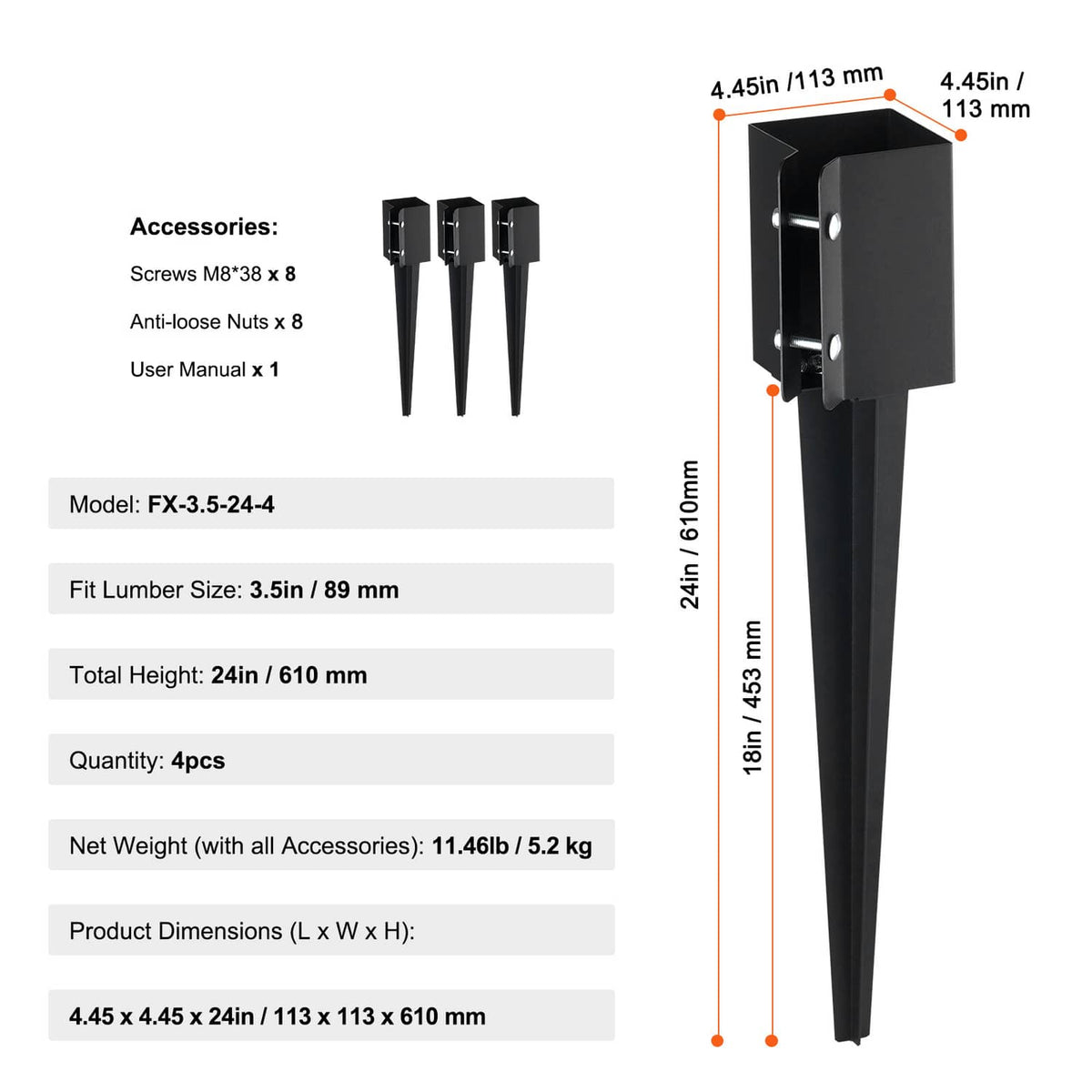 Metal fence post ground spike anchor with black bracket and pointed 24 in stake