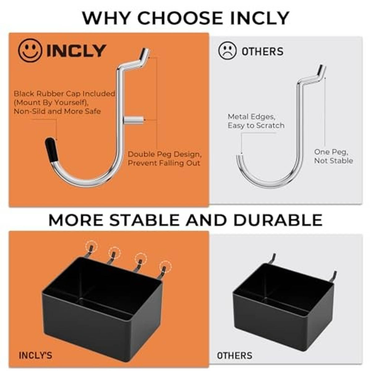 Pegboard U-hooks with double-peg locking design and black rubber protective covers