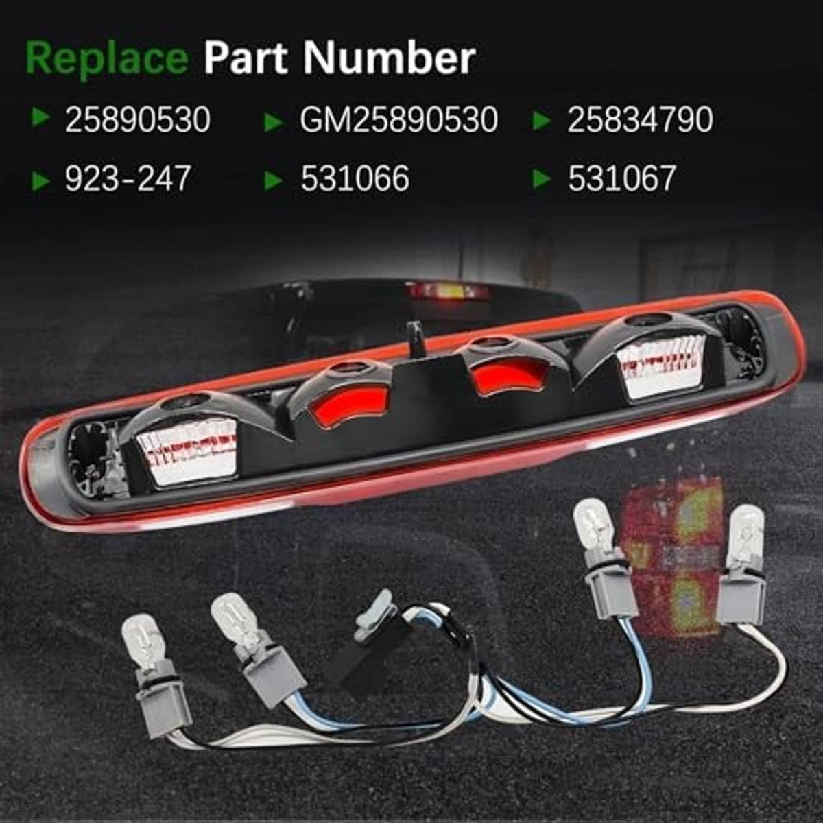 Rear center high mount brake light assembly with connectors, clips, and wiring