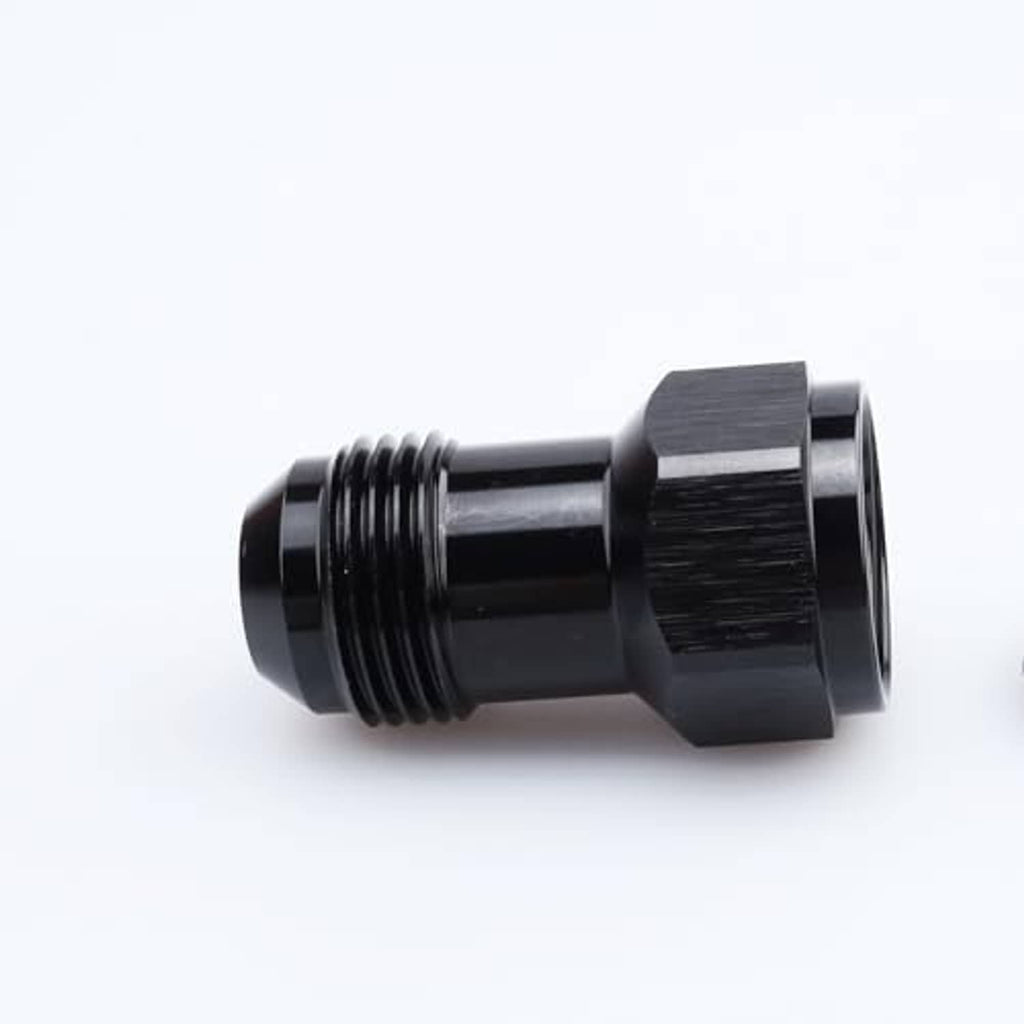 Black AN10 adapter fitting, close side view of threaded male end and hex grip