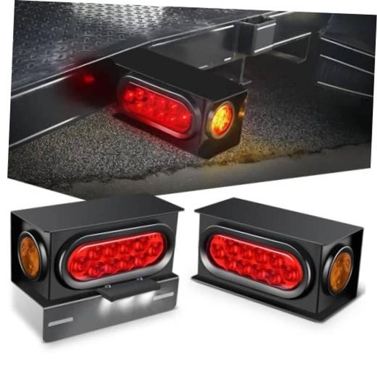 Black steel oval tail light box with red lens and amber side marker light