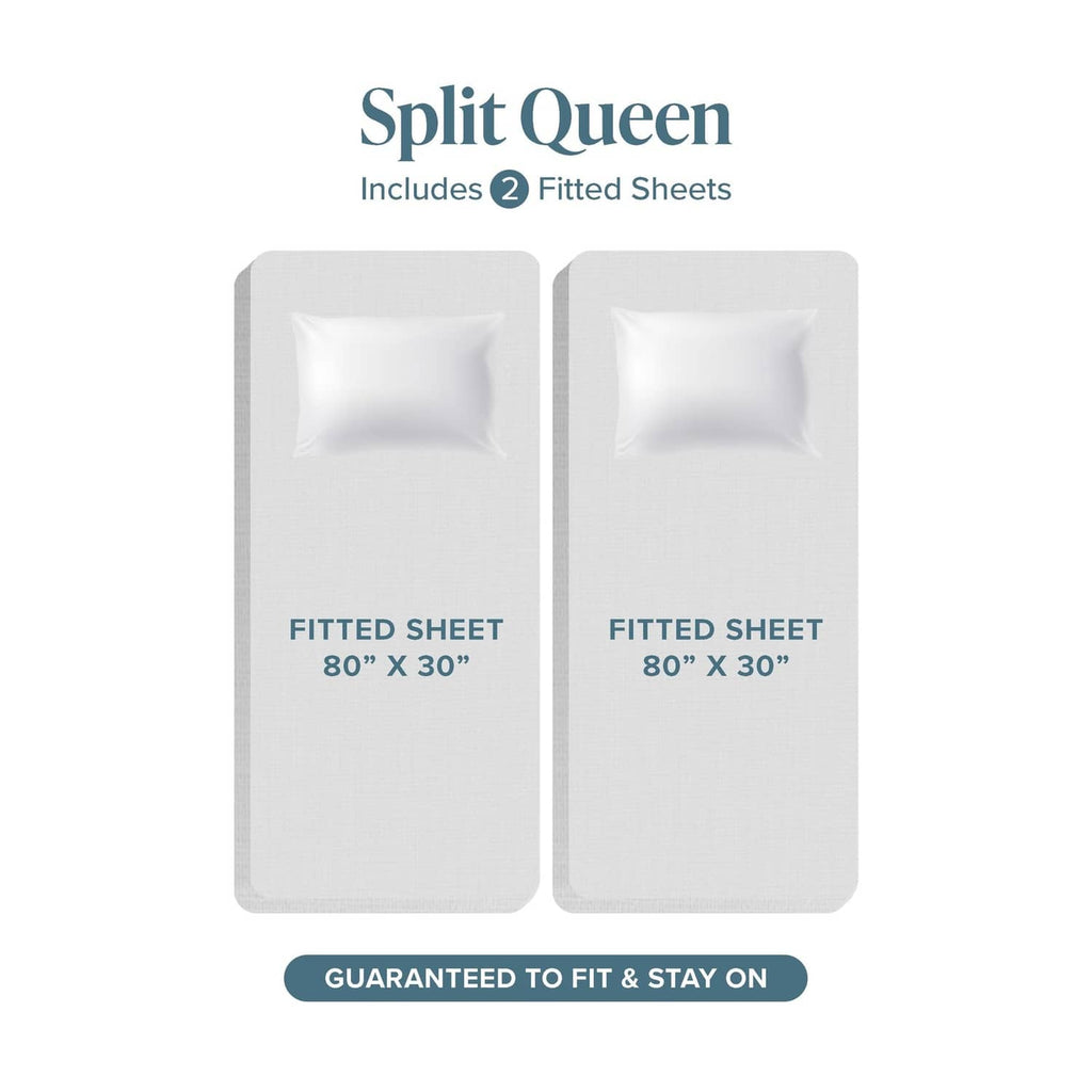 Grey split queen fitted sheets with pillowcases set, includes two fitted sheets