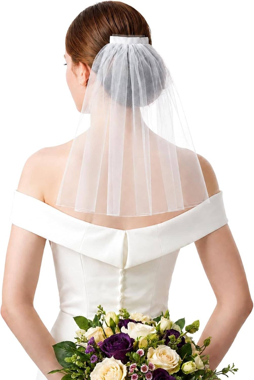 White short bridal veil with comb, layered tulle and off-shoulder dress back view with bouquet