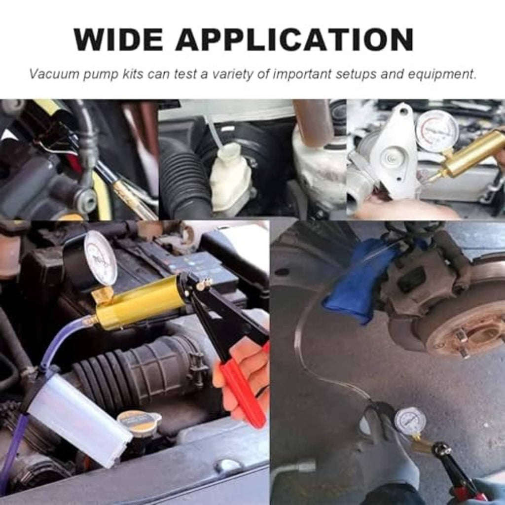 Handheld vacuum pump brake bleeder tool with pressure gauge used on a vehicle