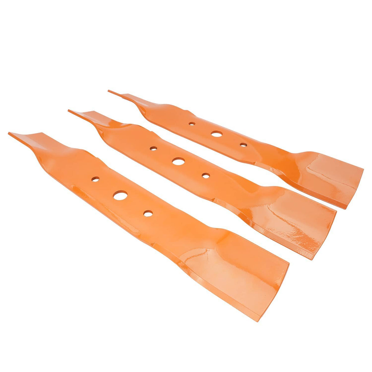 Three orange lawn mower blades fanned out, curved tips and round mounting holes visible.