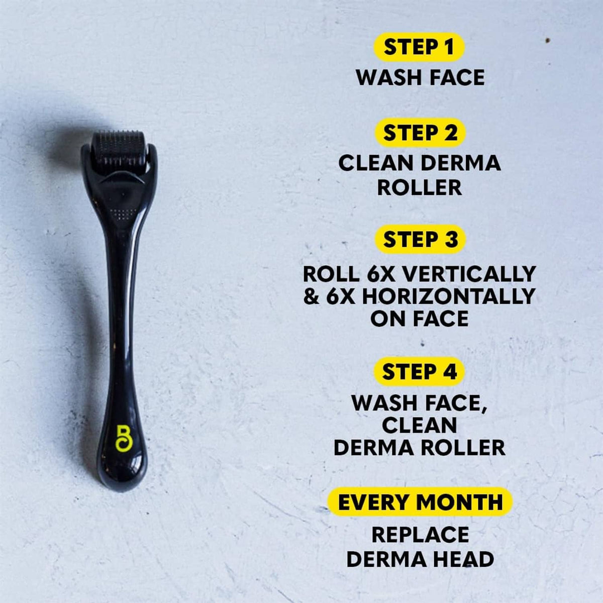 Black derma roller positioned on face with step icons