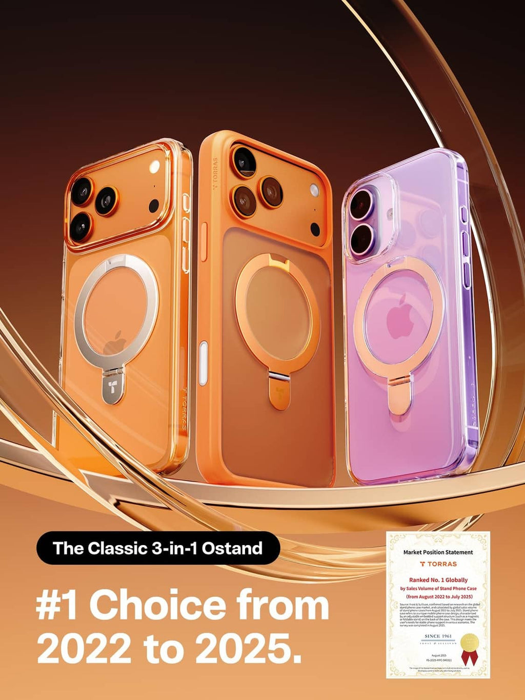 Magnetic ring stand iPhone case in orange, tan, and purple with reinforced camera edges