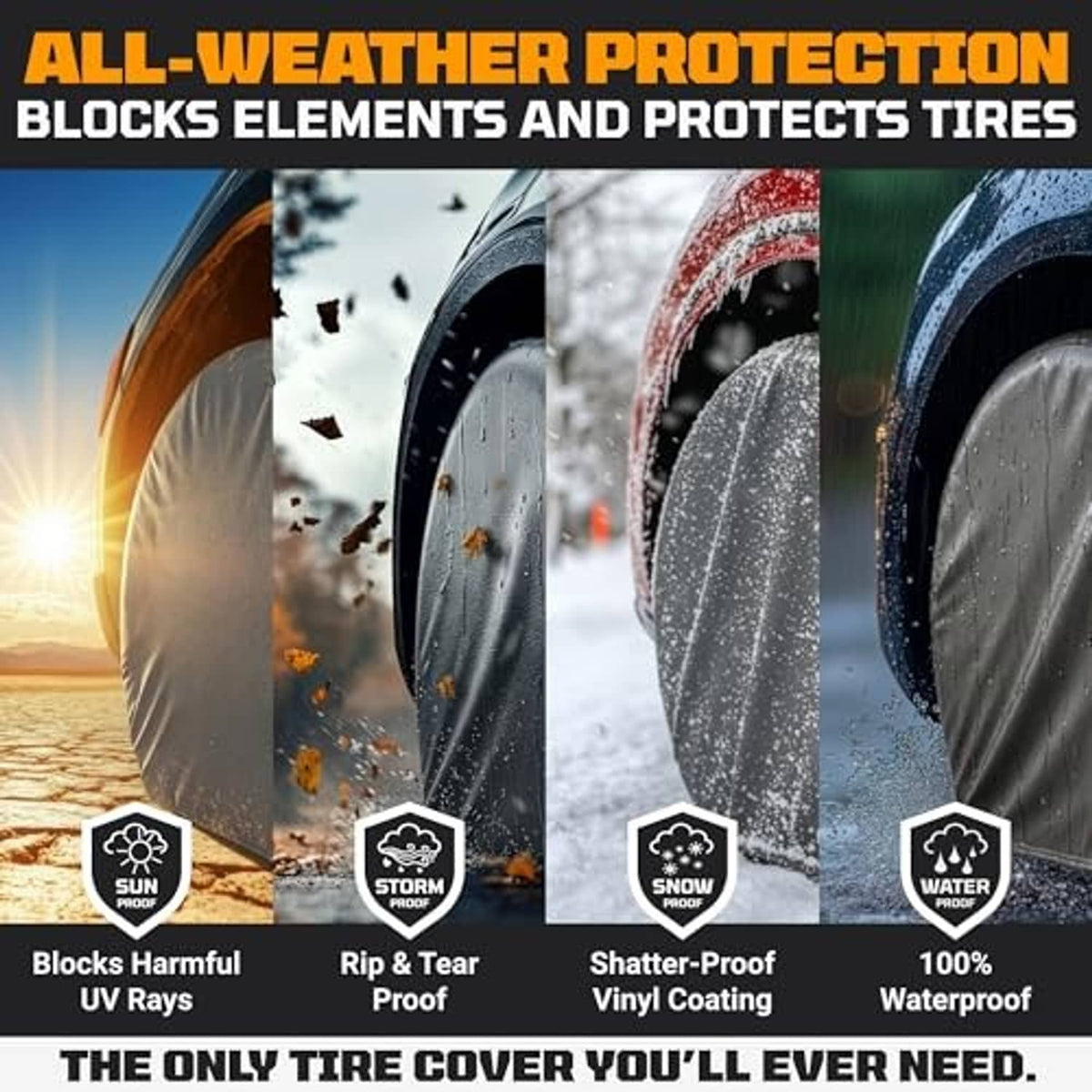 All-weather tire cover protection graphic with UV, rain, snow, and element icons