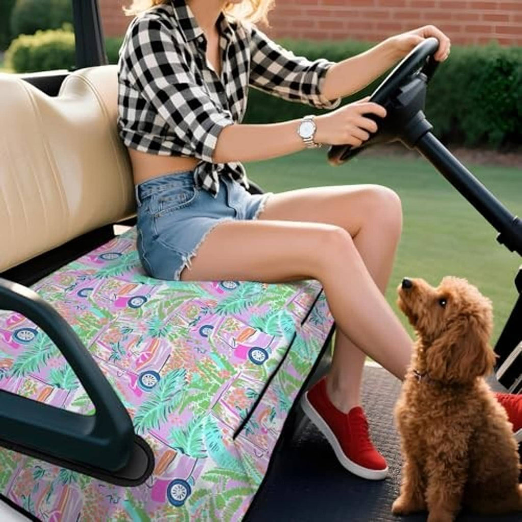 Golf cart seat cover towel blanket on front seat, colorful car and leaf print