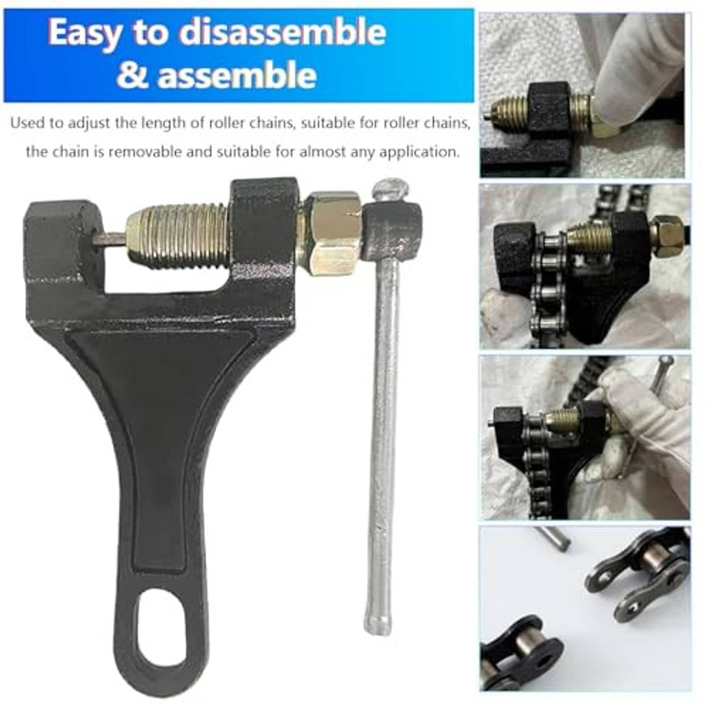 Chain breaker tool with long drive rod and roller chain for assembly