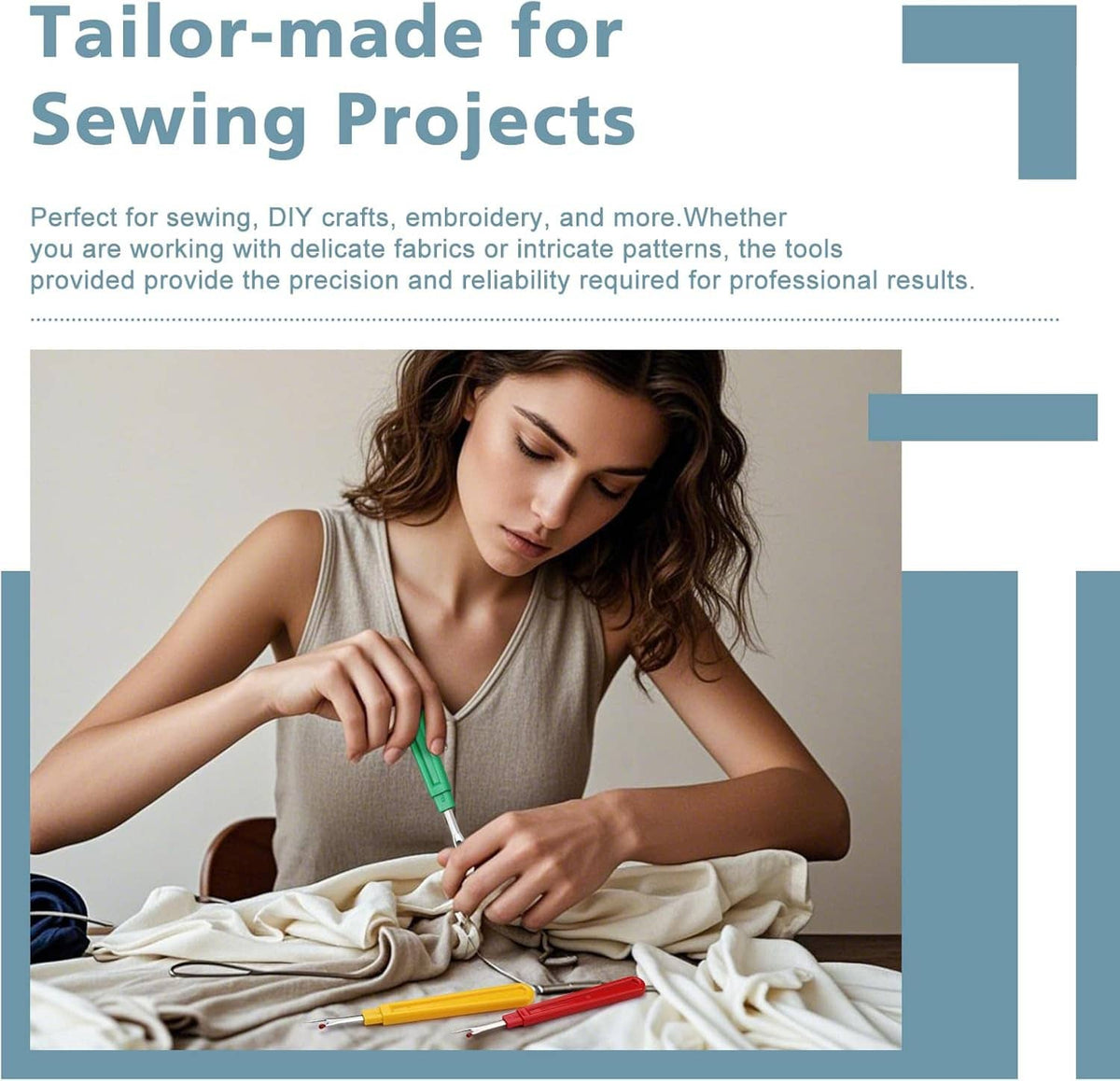 Seam ripper tool with green handle being used on fabric during sewing
