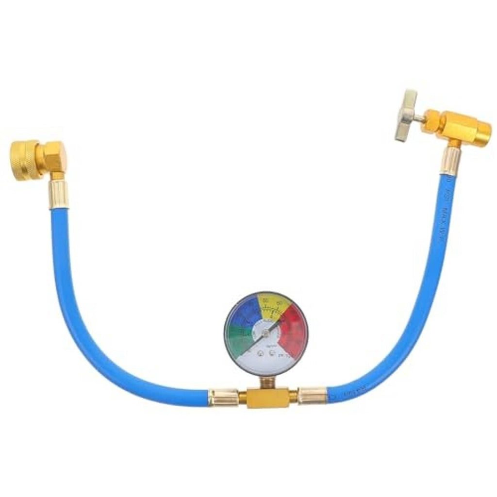 Blue A/C hose with pressure gauge and brass connectors on both ends