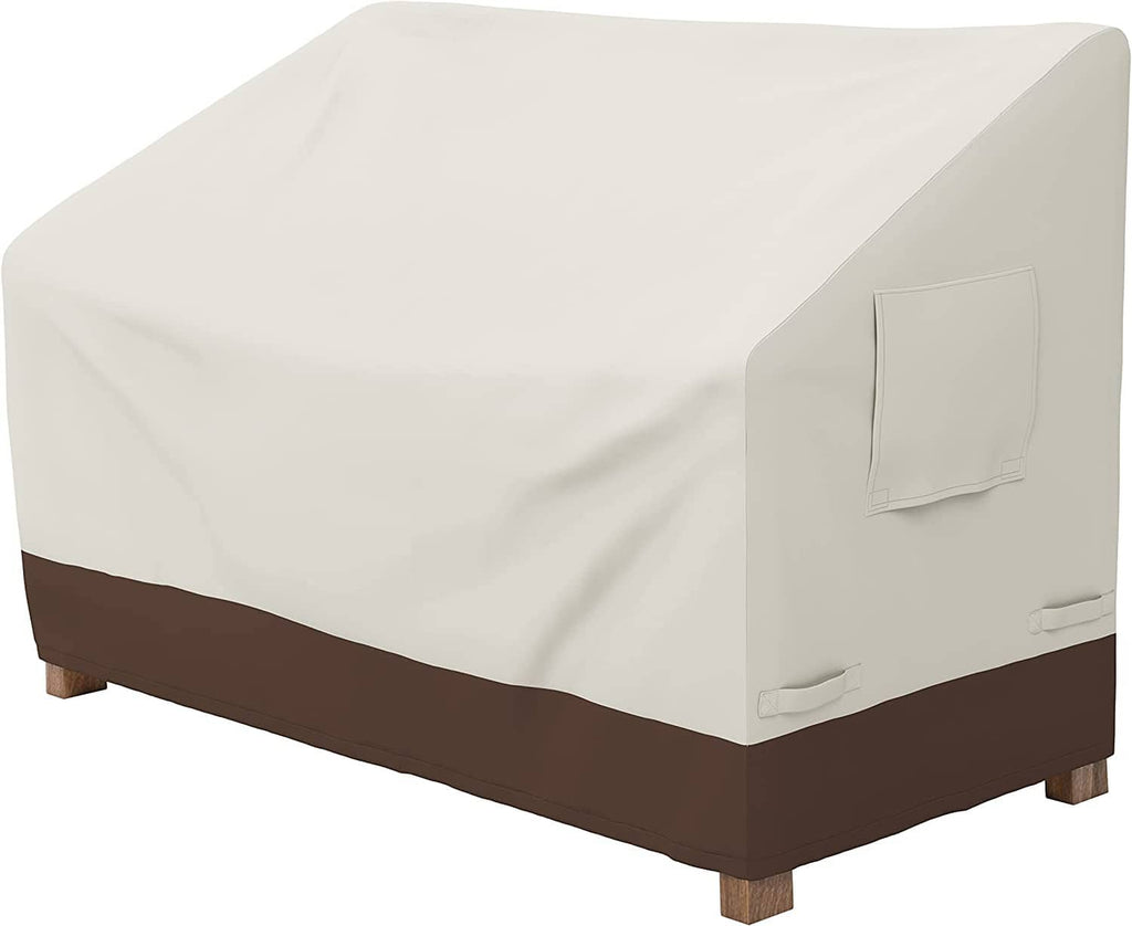Cream 2-seater outdoor couch cover with dark brown base band and front tie straps