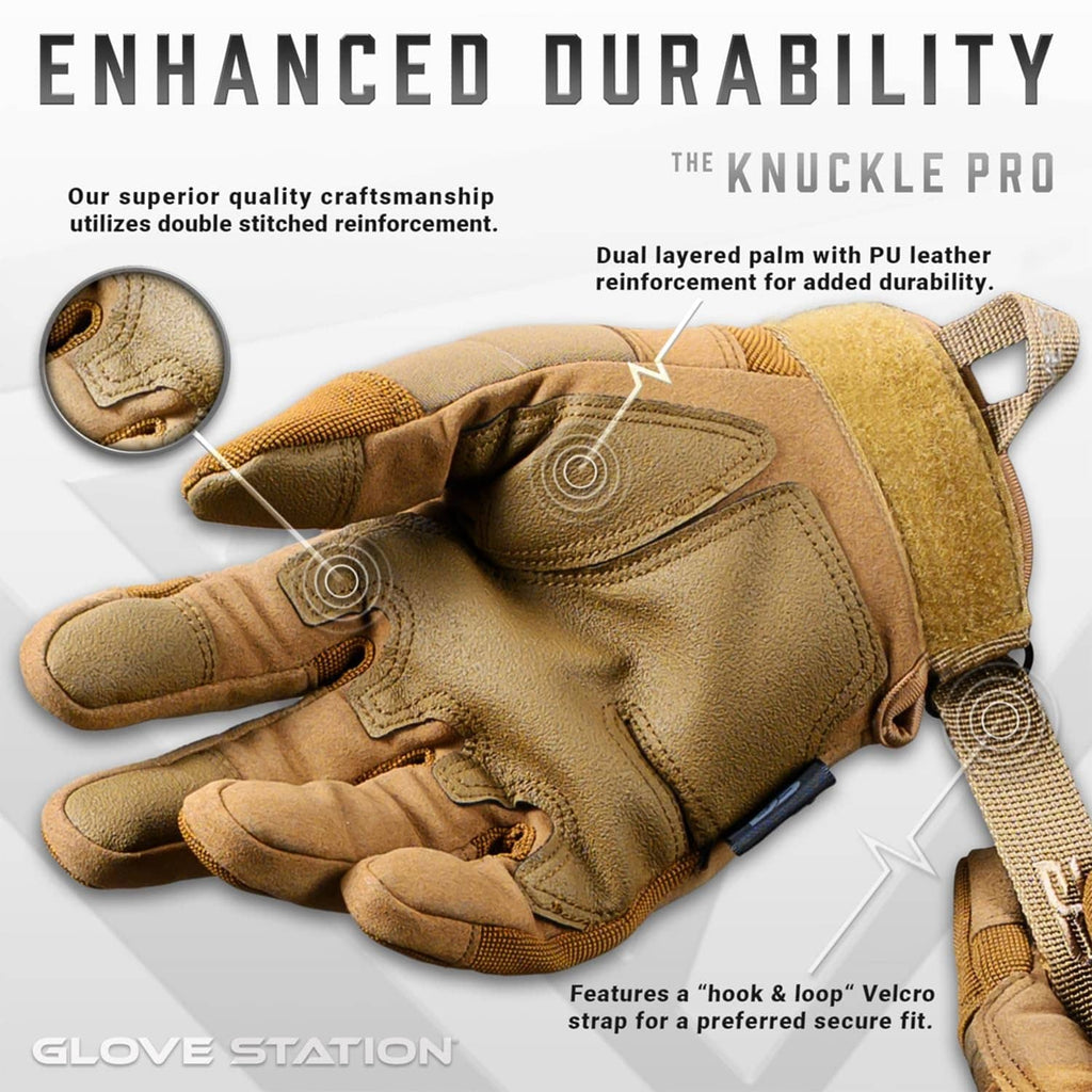 Tan tactical gloves, dual-layer palm with reinforced padding and hook-and-loop wrist strap