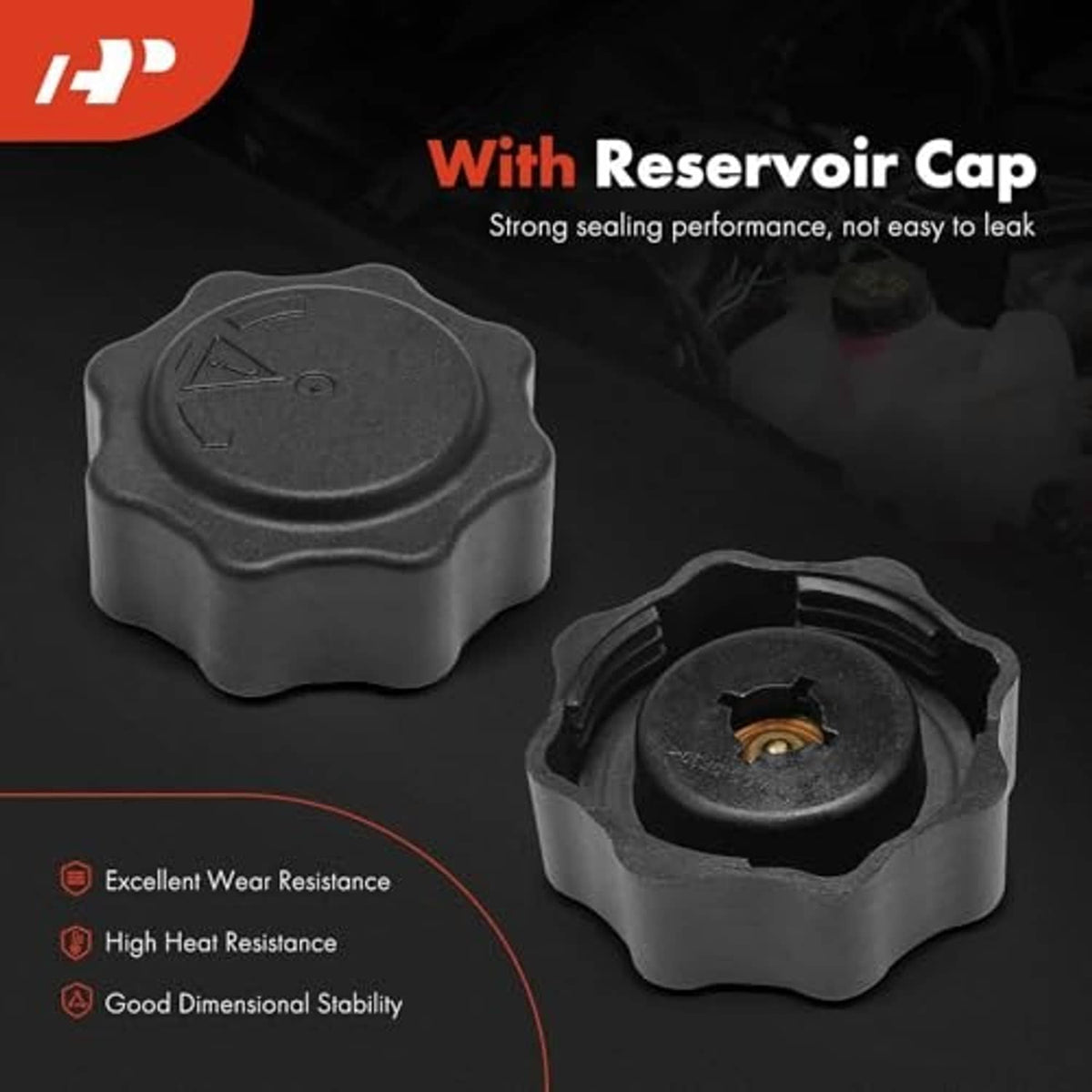 Black reservoir cap top and underside view for coolant overflow tank
