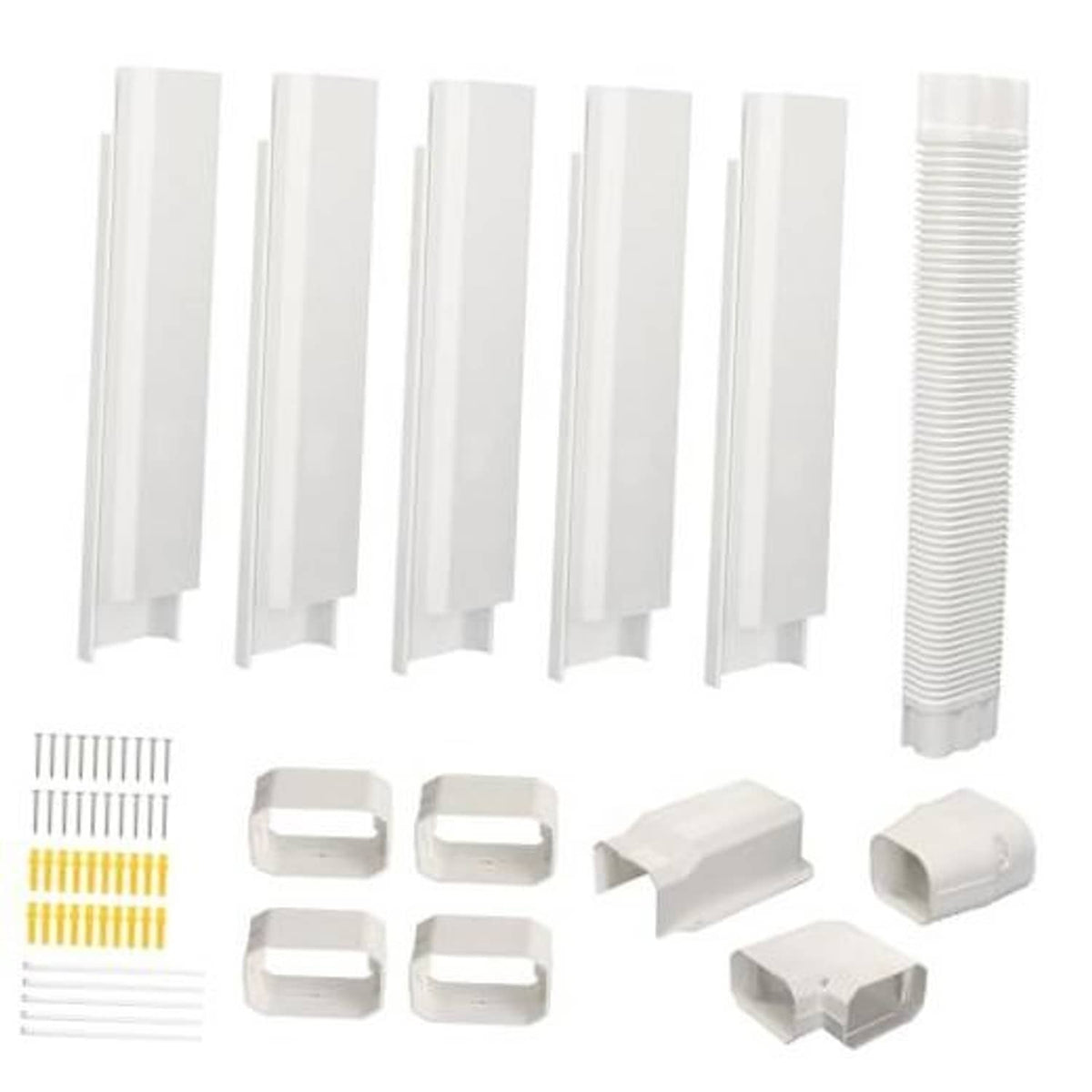 Mini-split line set cover kit with 4 in PVC ducts, couplings, and end caps