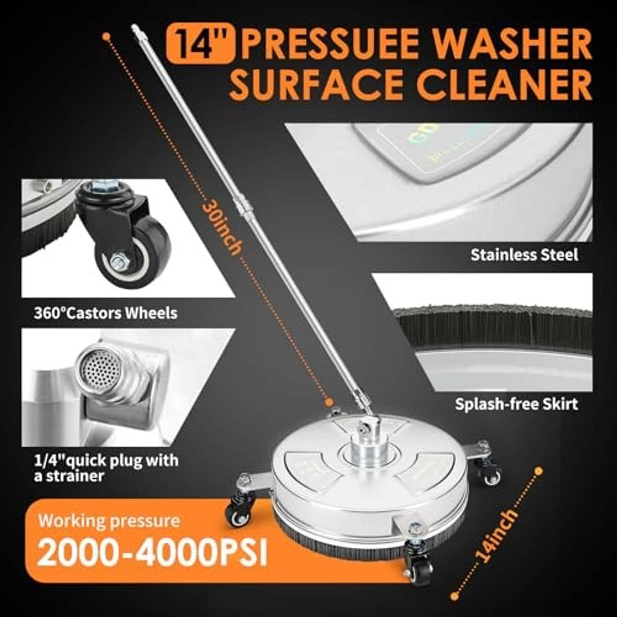 14-inch pressure washer surface cleaner with splash-free skirt and caster wheels