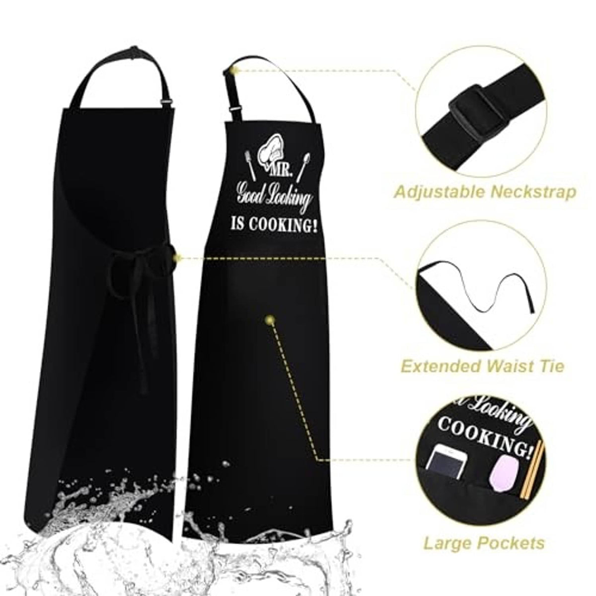 Black apron with adjustable neck strap, extended waist tie, and large pockets