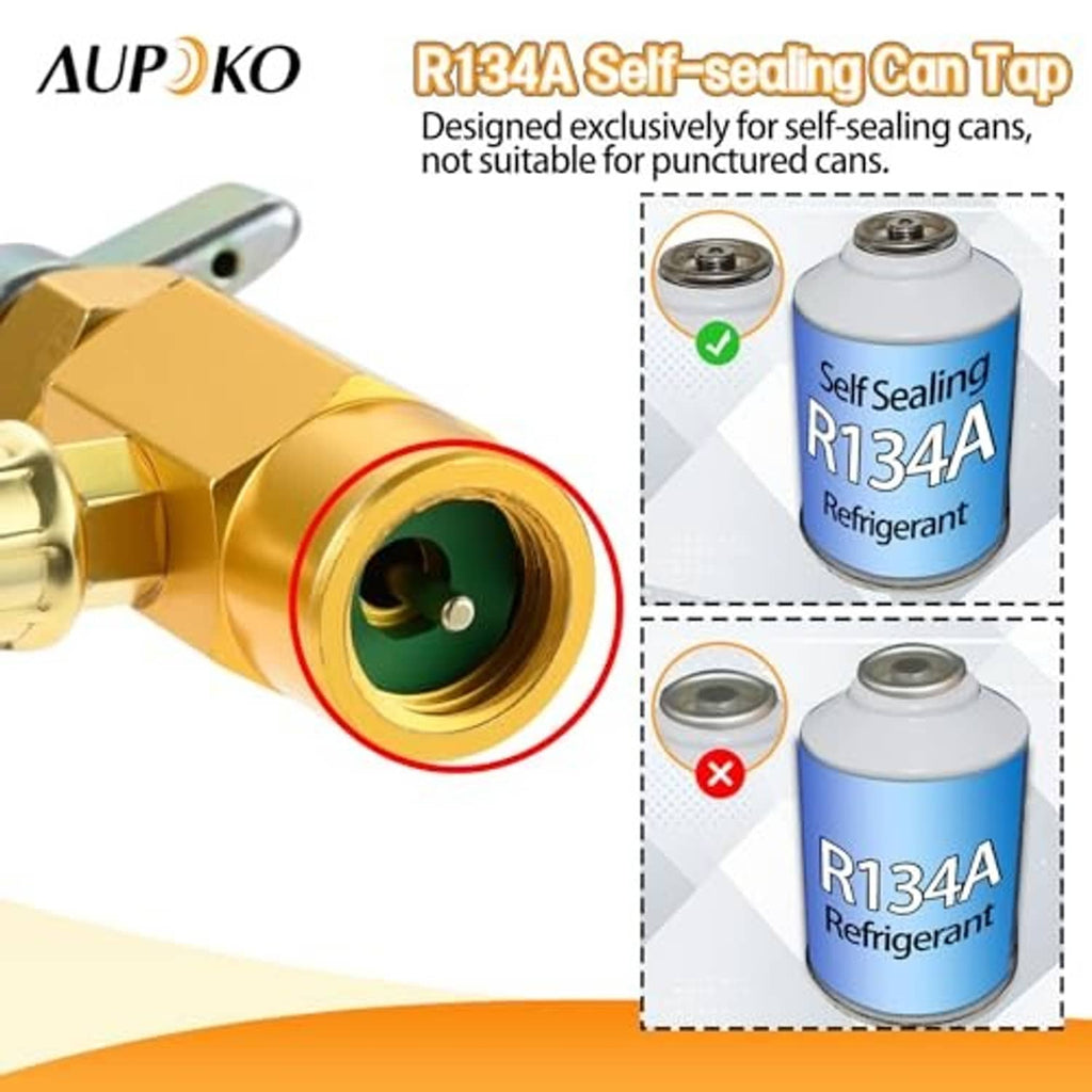 Refrigerant hose end with gold self-sealing valve and can top connector