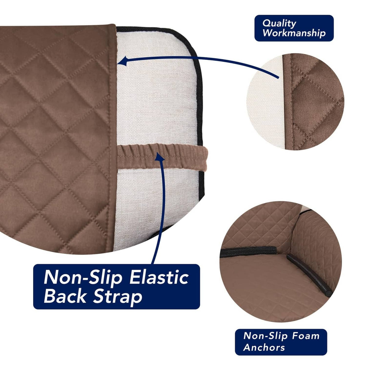 Quilted sofa cover edge with non-slip elastic back strap and foam anchor backing