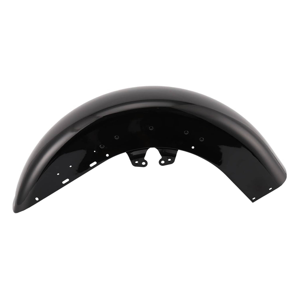 Front motorcycle wrap fender in glossy black with mounting holes and bracket backing